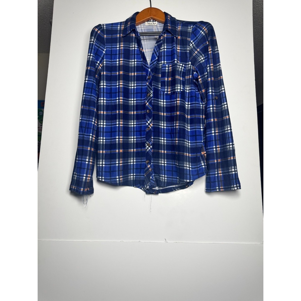Jolie & Joy By FCT With Love Flannel Shirt Womens XL Blue Plaid V Neck Button Up